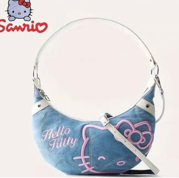 Sanrio Hello Kitty Denim Shoulder Bag w/ Keychain with Strap - Picture 2 of 10